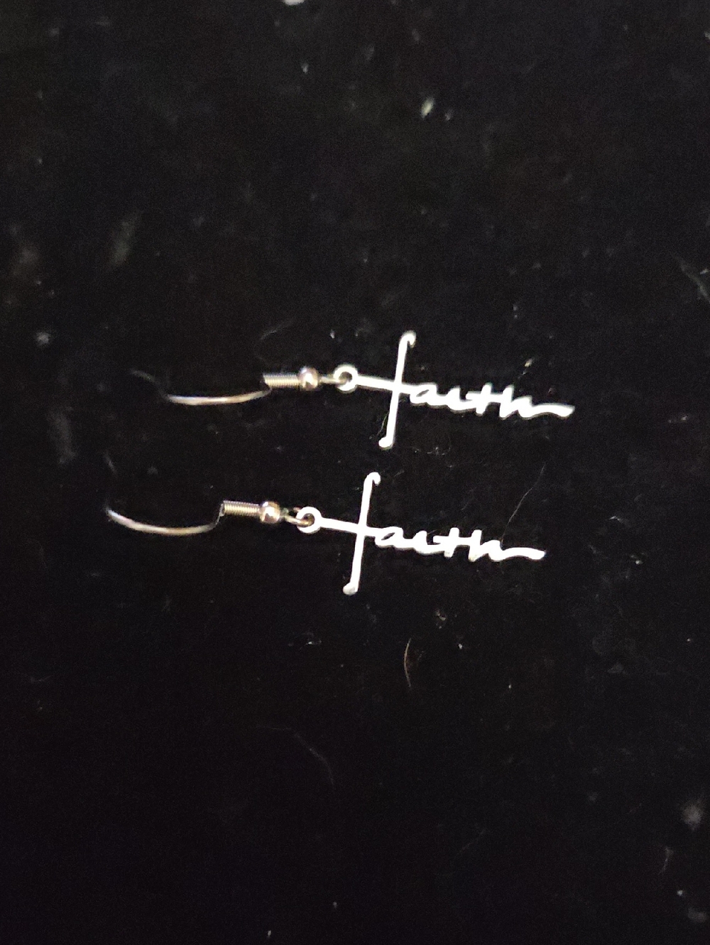 Faith Script Dangle Earrings - Silver Tone